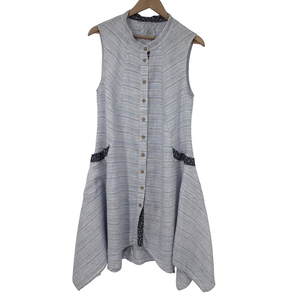 Yuvita Women Striped Linen Sleeveless Dress M Handkerchief Hem‎ Coastal Indie